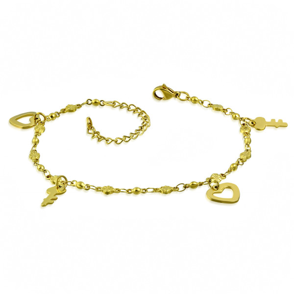 Armband Bettelarmband  Edelstahl Goldfarben Schlüssel Herzchen Damen 19,5 cm