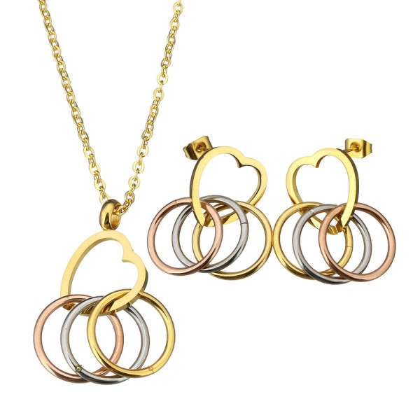 Halskette und Anhänger und Ohrhänger, Edelstahl, Tricolorfarben, Design Herz mit Ringen
