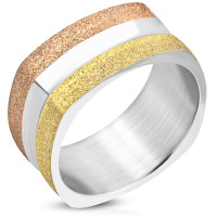 Ring, Bandring, Edelstahl, Tricolorfarben, Damen, Herren, Design "Viereck"