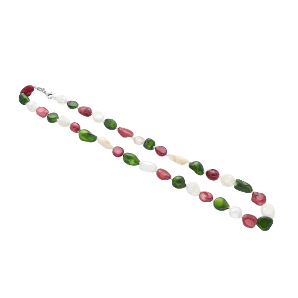 Collier Perlenkette Süsswasserperlen Barock Weiß Rot Grün Damem Länge 46 cm