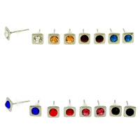 4 Paar Ohrringe Ohrstecker Edelstahl Silberfarben mit Farbsteinen Eckig Damen 9 mm
