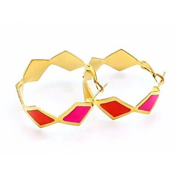 Ohrringe Creolen Edelstahl Goldfarben Poliert Rot Emailliert Damen Durchmesser 3,5 cm