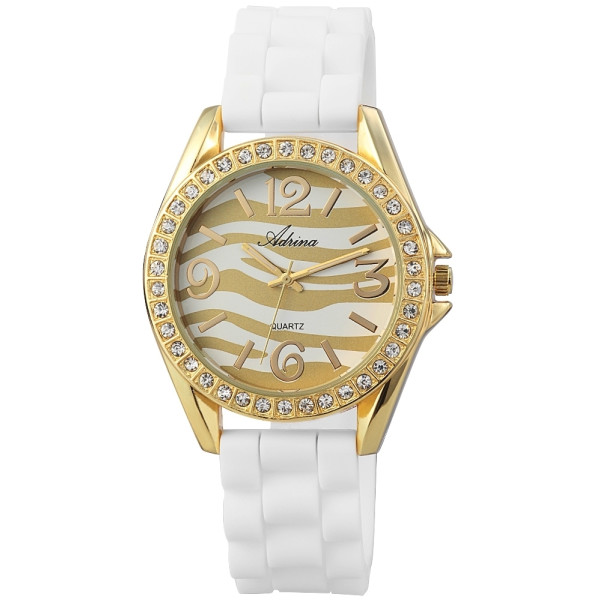 Adrina Damenuhr Armbanduhr Siliconband Weiß Strassteine Animallzifferblatt Damen Modell 1 - Tigermuster