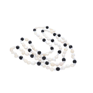 Perlenkette Süsswasserperlen Geschliffene Glasperlen Endlos Barock Schwarz Weißtöne Damen Länge 120 cm