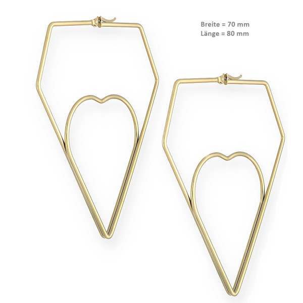 Ohrringe Creolen Edelstahl Dreiecking mit Herz Poliert Goldfarben Damen 70 mm X 80 mm
