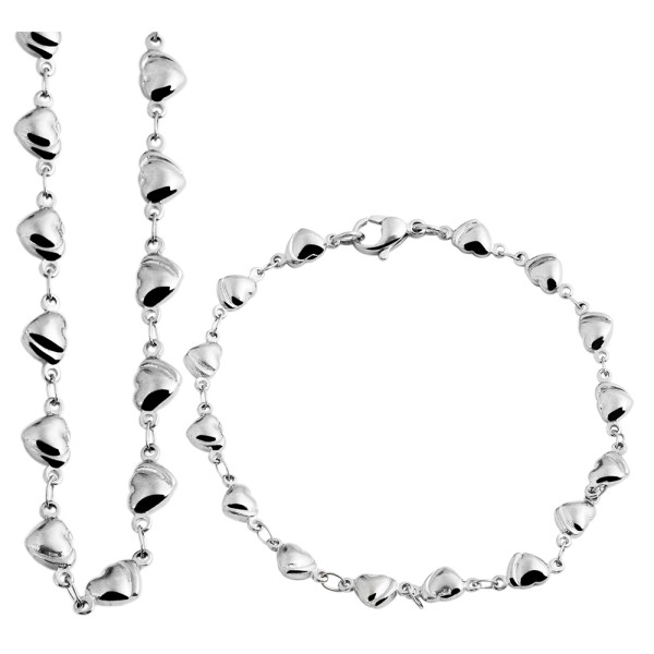 Halskette und Armband, Edelstahl, Silberfarben, Design "Herzchen", Damen
