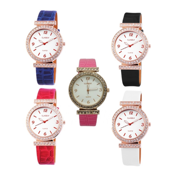 Classix Damenuhr Uhr Strasssteine Rosegoldfarben verschiedene Armbandfarben Damen