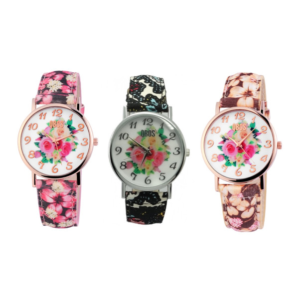 QBOS Damenuhr Armbanduhr Armband Kunstleder Stoff Mehrfarbig Floral Damen