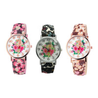 QBOS Damenuhr Armbanduhr Armband Kunstleder Stoff Mehrfarbig Floral Damen