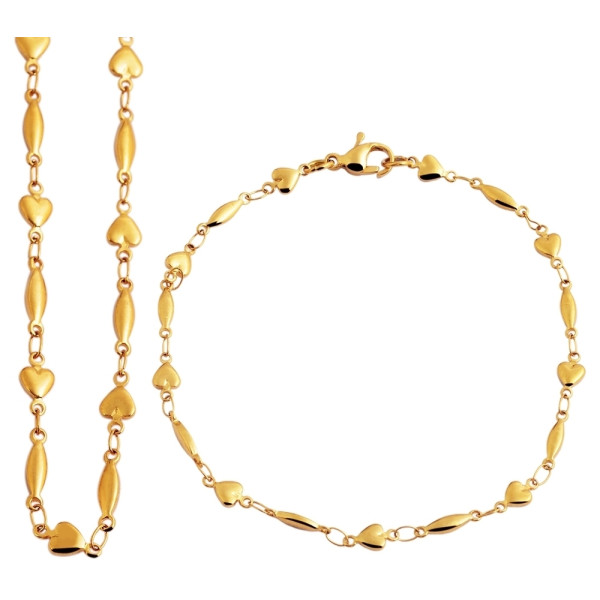 Halskette und Armband, Edelstahl, Goldfarben, Design "Herzchen", Damen