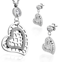 Halskette und Anhänger und Ohrhänger, Edelstahl, Silberfarben, Design "Herz", Damen