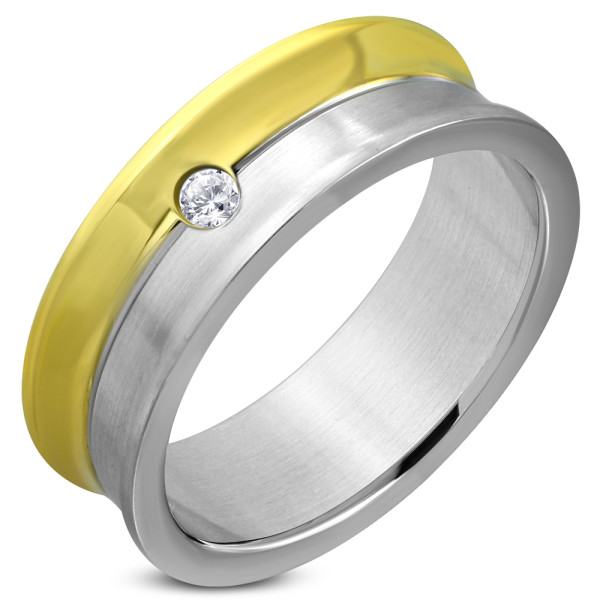 Ring, Bandring, Edelstahl, Bicolorfarben, Damen, Herren, Design klarer Stein